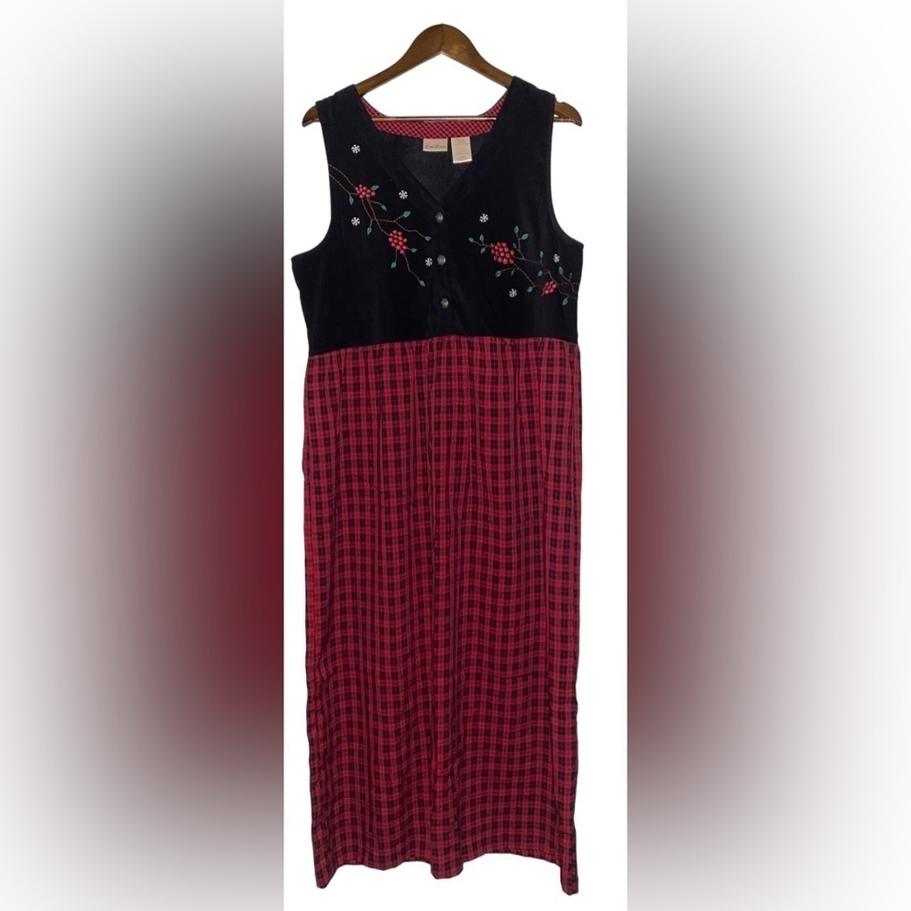 Bobbie Brooks Vintage Buffalo Plaid Embroidered Floral Jumper Dress Women L